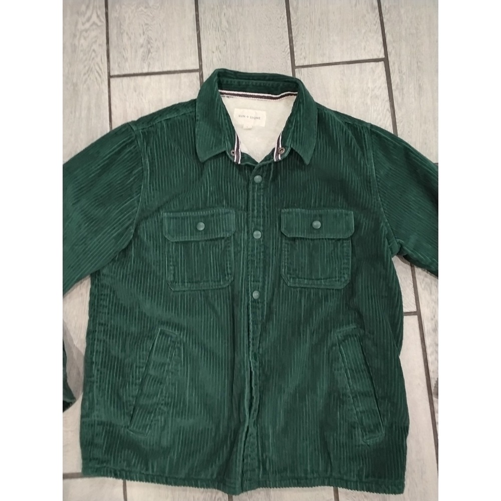 Sun + Stone Mens Green Corduroy Faux Fur Lined Shirt Jacket Size Large L